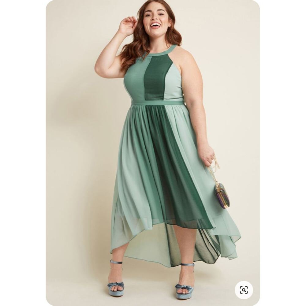 Modcloth Wishbone Halter Green Color Block Hi Lo Dress, Size Large